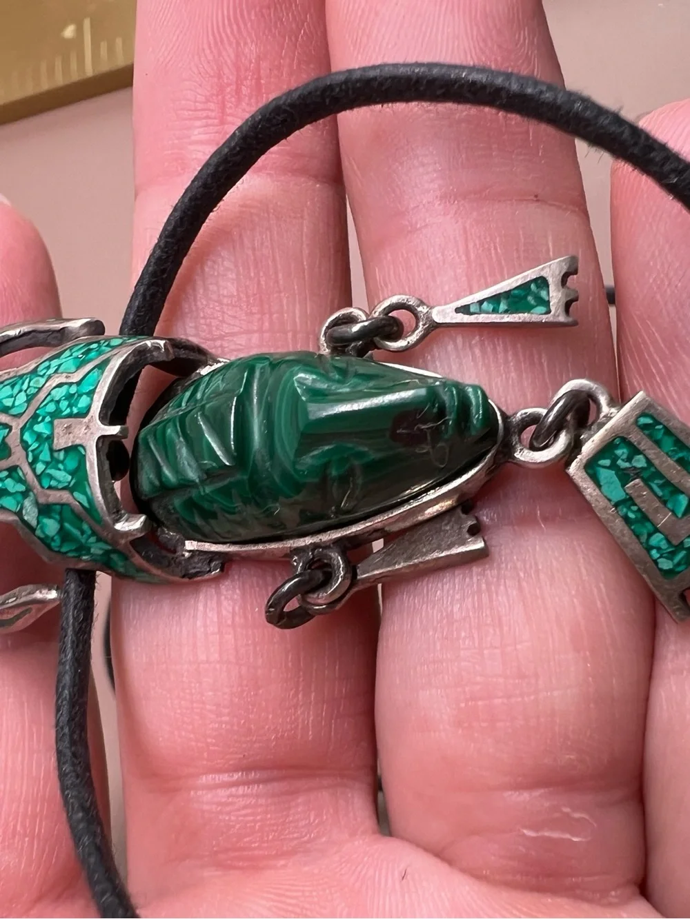 VINTAGE TAXCO MEXICO LARGE MALACHITE MASK PENDANT 925 STERLING STATEMENT